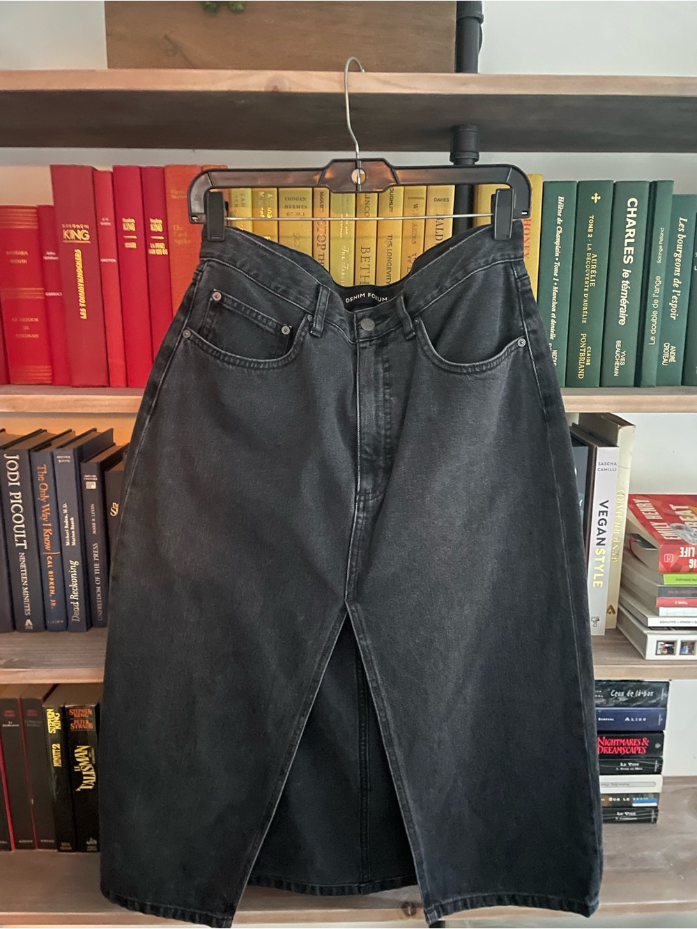 Denim Forum Black Washed Denim Midi Skirt with Front Vent